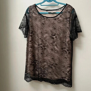 Loft black lace overlay top tee short sleeves lined medium